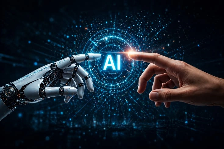 A robotic hand and a human hand touching fingertips in front of a glowing digital network display with the letters "AI" at the center, representing the Best Digital Marketing Analyst In Wayanad.