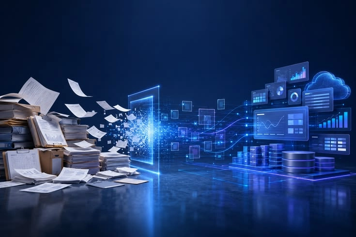 Physical stacks of documents and papers transforming digitally through a glowing blue interface into cloud analytics and data dashboards, managed by the Best Digital Marketing Analyst In Wayanad.