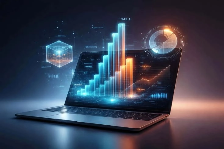 A modern laptop displaying glowing 3D financial growth charts, digital data bars, and a wireframe cube interface, showcasing insights by the Best Digital Marketing Analyst In Wayanad.