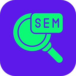 Here is the alt text for the image, including the requested keyword: **Alt Text:** `An icon representing search engine marketing (SEM) with a magnifying glass and the text "SEM" inside a rounded purple square, representing the Best Digital Marketing Analyst In Wayanad.`