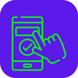 Green line icon of a hand clicking on a smartphone screen with a checkmark, representing services by the Best Digital Marketing Analyst In Wayanad.