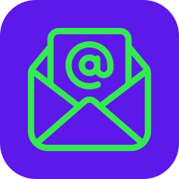 Green line icon of an open envelope with a letter showing the "@" symbol on a purple background, representing email marketing services by the Best Digital Marketing Analyst In Wayanad.
