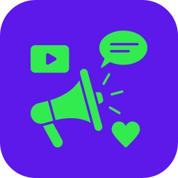 Green social media marketing icon featuring a megaphone surrounded by a play button, speech bubble, and heart on a purple background, representing services by the Best Digital Marketing Analyst In Wayanad.