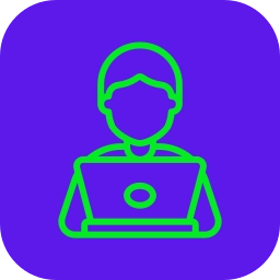 Green line icon of a digital marketer or analyst working on a laptop against a purple background, representing services by the Best Digital Marketing Analyst In Wayanad.